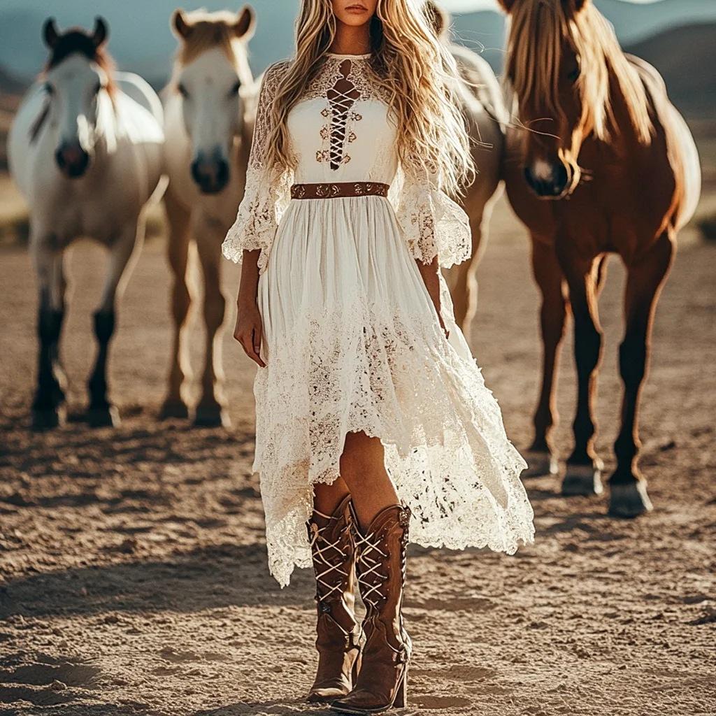 New Women s Vintage Bohemian Lace Slim Fit Dress S белый