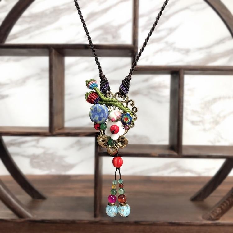 

Вязаное вручную ретро агатовое ожерелье женское универсальное длинное темпераментное нефритовый кулон цепочка для свитера аксессуары