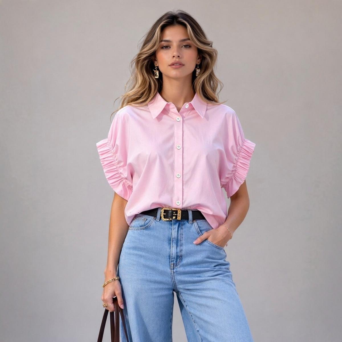 Women s Loose Pleated Puff Sleeve Turn-down Collar Blouse Casual Shirt Top S