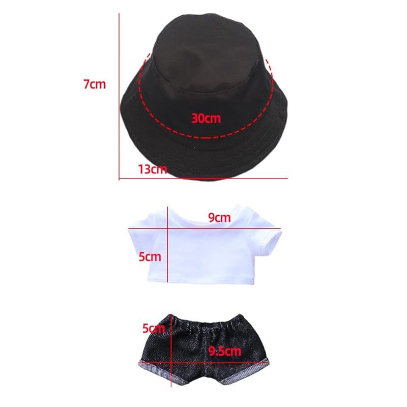 niannyyhouse 15cm Plush Doll Clothes Set: Hat, T-Shirt, and Pants, 3-Piece Set Includes Fisherman's Hat, White T-Shirt, and Jeans, Cotton Doll Clothes