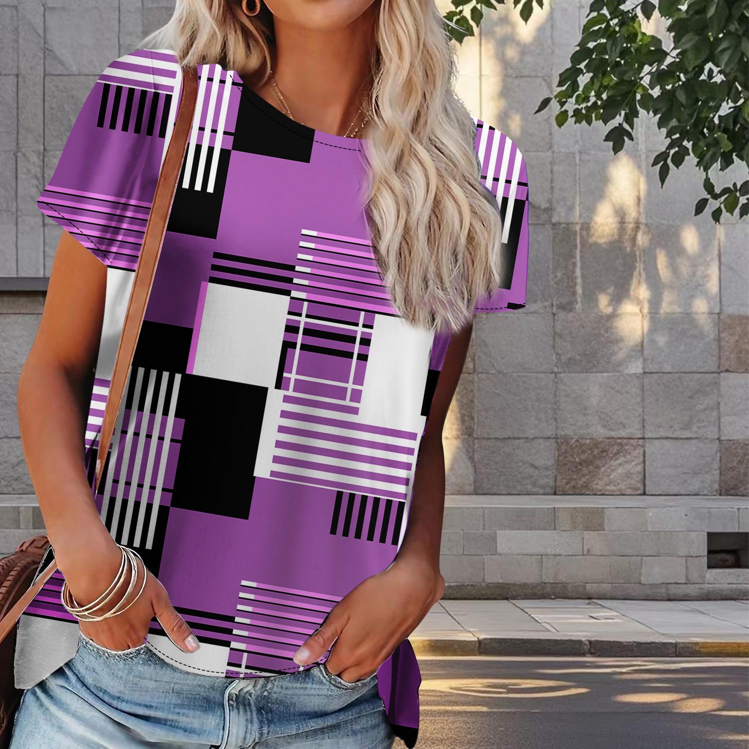 

Женская летняя футболка с геометрическим рисунком, ретро-мода, футболки с коротким рукавом, повседневные топы с принтом 8XL фиолетовый