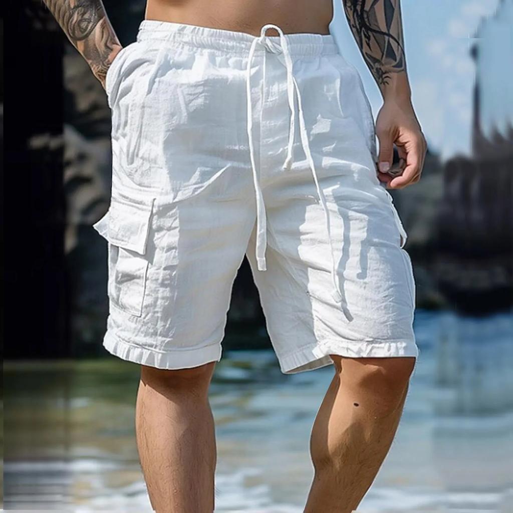 Men's Summer Fashion Loose White Cargo Shorts Handsome Streetwear Beachwear Solid Color with Pockets Shorts Workout Pants
