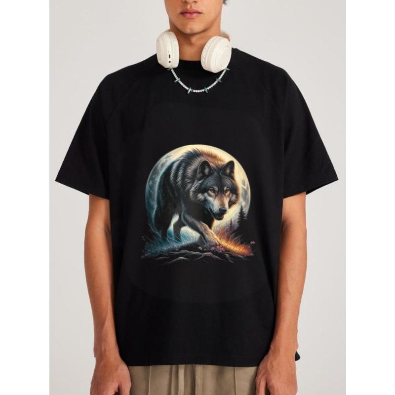 

Wolf T-Shirt White Wolf and Moon Print for Outdoor and Casual Wear XXXXL чёрный