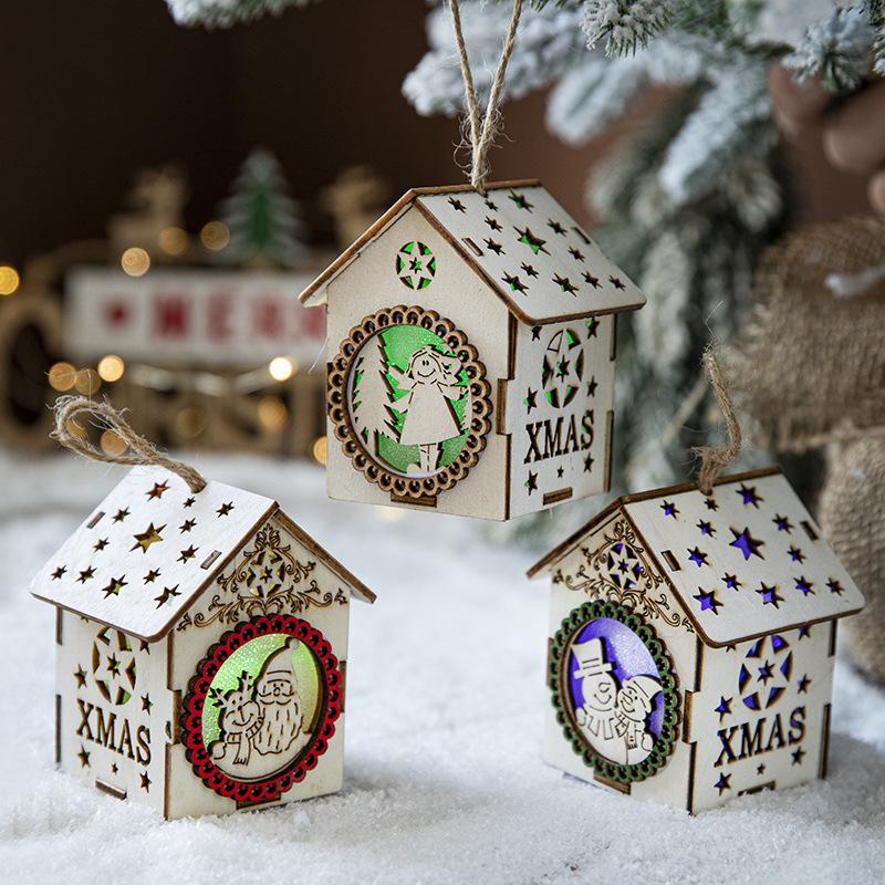 Christmas Tree Creative Decoration LED Colorful Lights Wooden House Hanging Pendants Ornaments for Home Christmas Party Accessor
