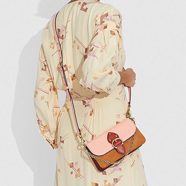 Coach Beat 21 Vintage Color Block C Buckle Leather Chain Shoulder Bag Women Shoulder Bag Cherry-Blossom-Pink Brown C2697-B4SB8