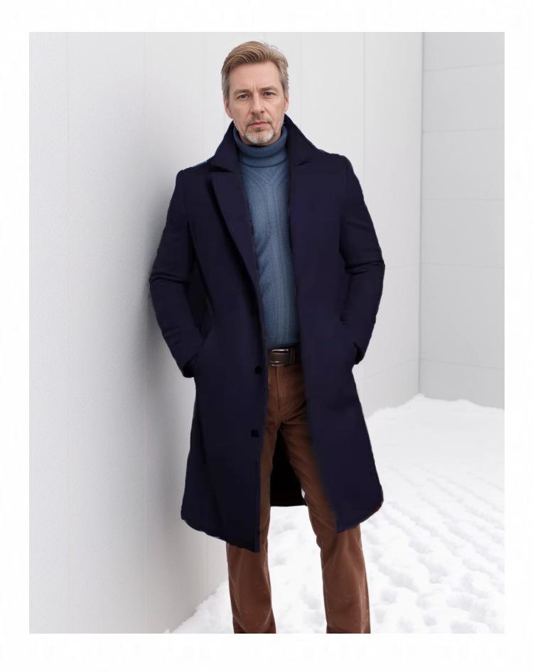 2025 European Men's Woolen Mid-Length Single-Breasted Fashion Overcoat