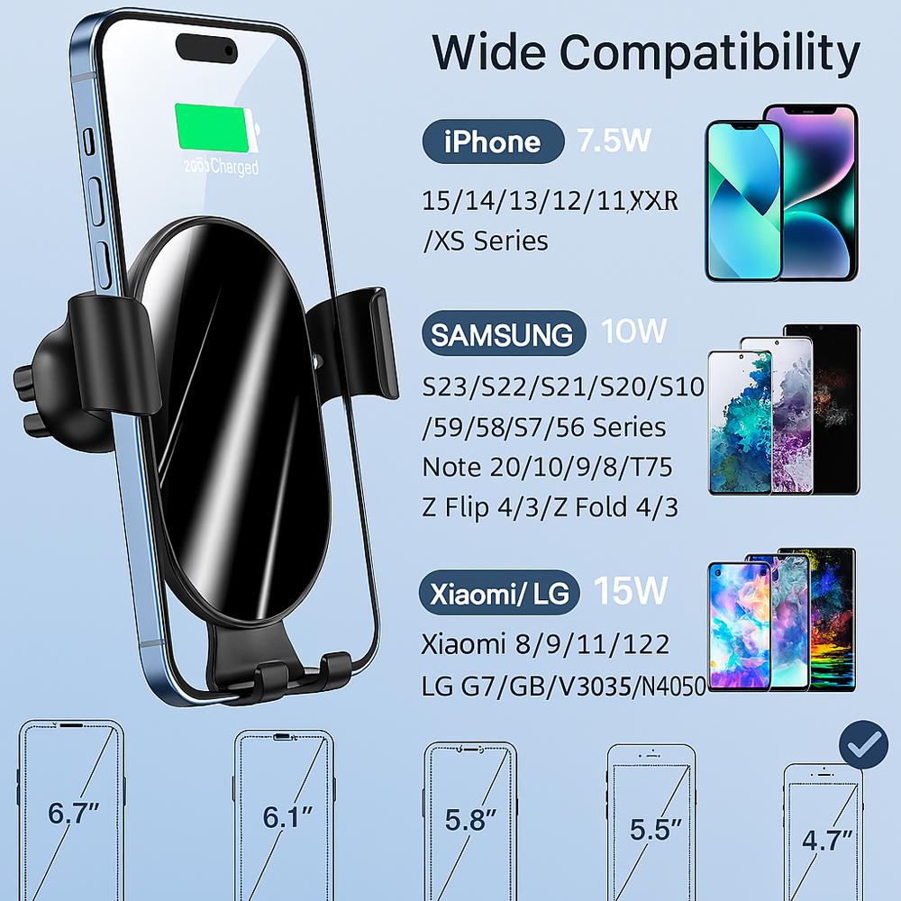 15W Wireless Car Charger Phone Holder-Gravity Mount/Auto-Clamp/Fast Charging/360° Rotation For iPhone/Samsung
