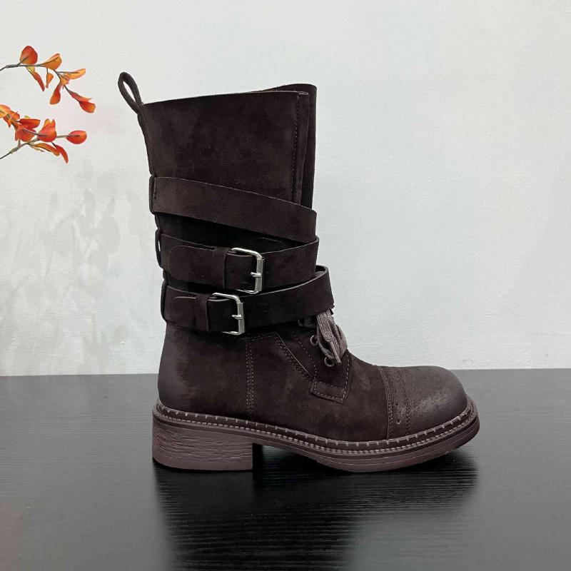 

Vintage Suede Lace-up Mid-boots Women Fashion Design Rubbed Color Ankle Boots 2026 Cross Belt Buckle Motorcycle Boots Female 35