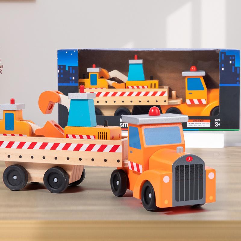 Wooden Engineering Transportation Car Model Set Children's Early Education Wood Simulation Excavator Bulldozer Toy