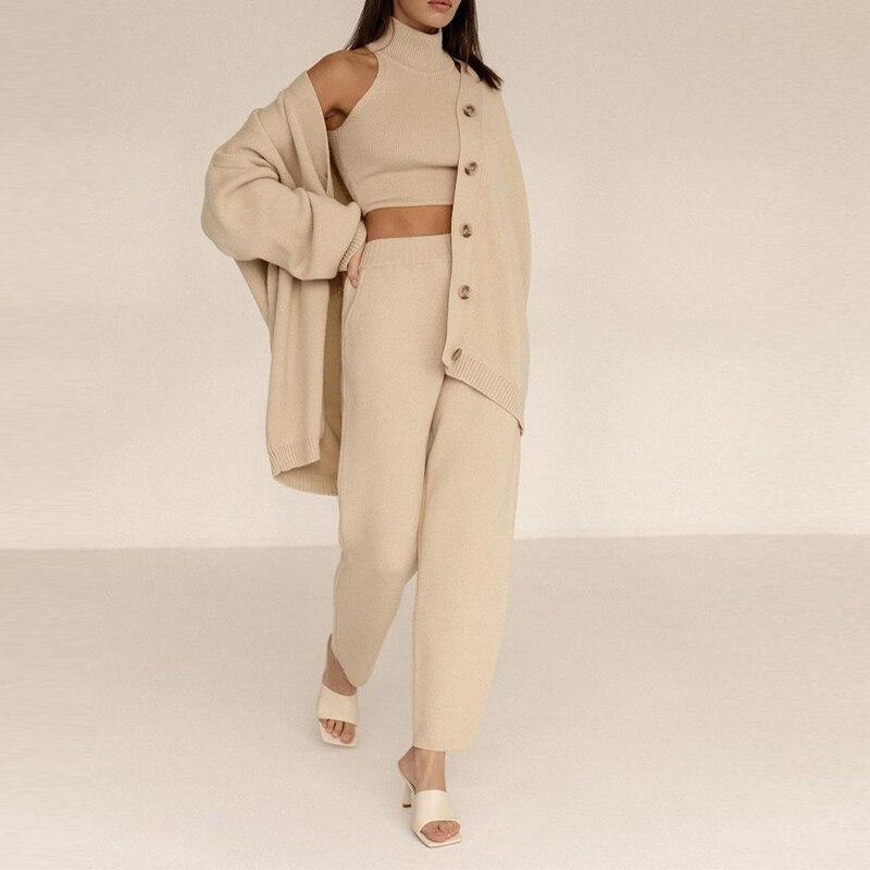 Knitted Solid Women Cardigans Sets Turtleneck Sleeveless Pullovers with Loose Pants Suit 2021 Winter Elegant Ladies Set 3 Pieces
