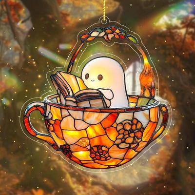 Halloween Fantasma Lendo Livro Suncatcher Decoração Pendurada Acrílico Decoração de Janela Sombra Colorida Decorações para Casa