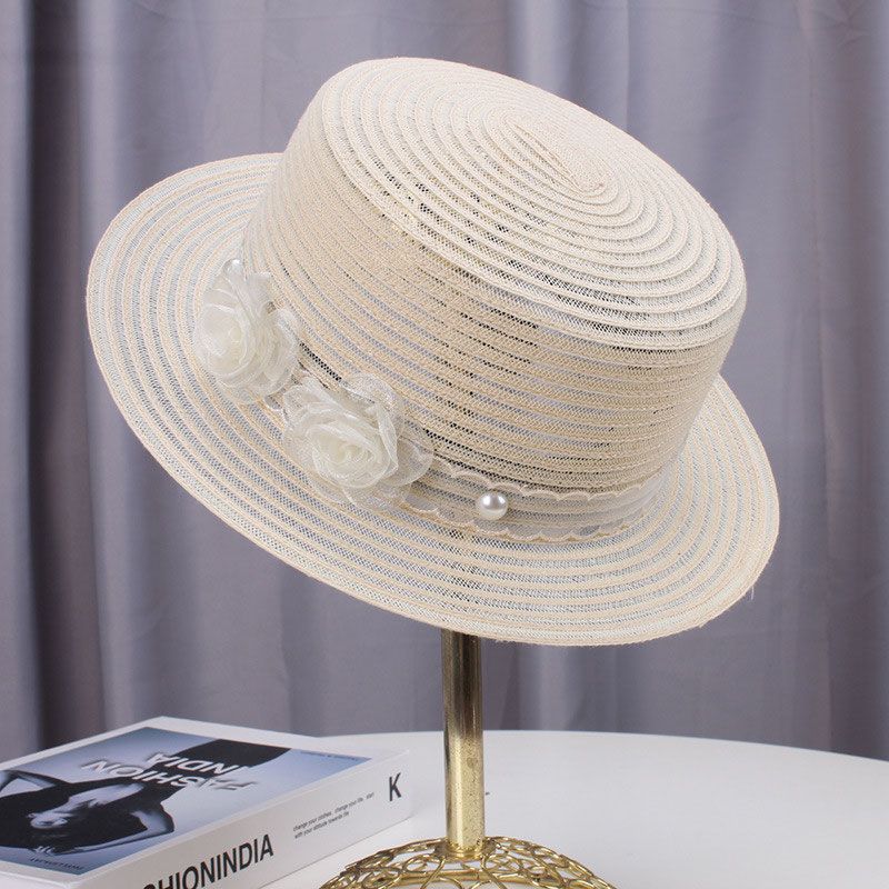 Transparent Straw Hat for Women Summer Beach Shade and Sun Protection Sun Hat Fashionable Temperament Floral Flat Top Hat