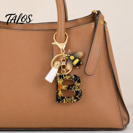 Talos Black Series Keychain Pendant, Dried Flower Initial Letter Charm Key Chain with Bee Tassel Design, A-Z Holder for Bag Purse Backpack