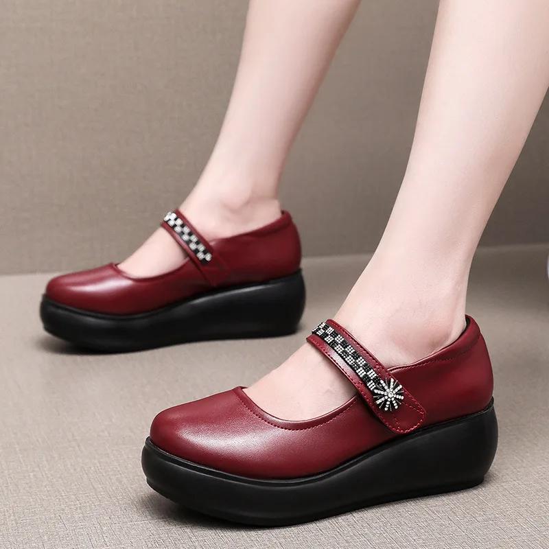 6cm Small Size 32-43 Comfortable Breathable Shallow Soft Leather Mary Janes Mid Heels 2025 Spring Platform Wedges Shoes Mom Work