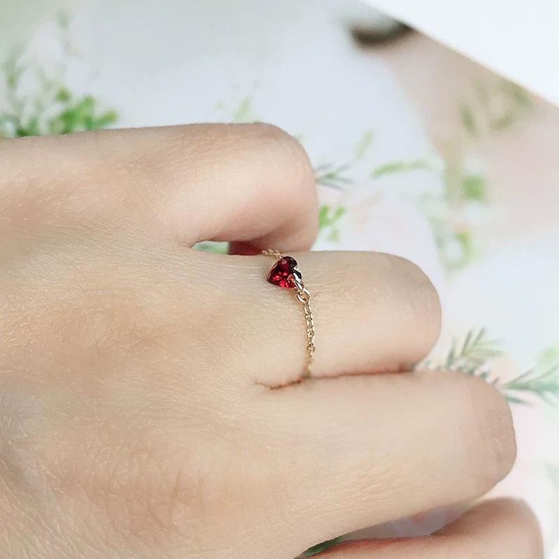 Adjustable S925 Sterling Silver 14K Gold-Plated Garnet Zircon Heart Chain Ring for Women Gold Plated