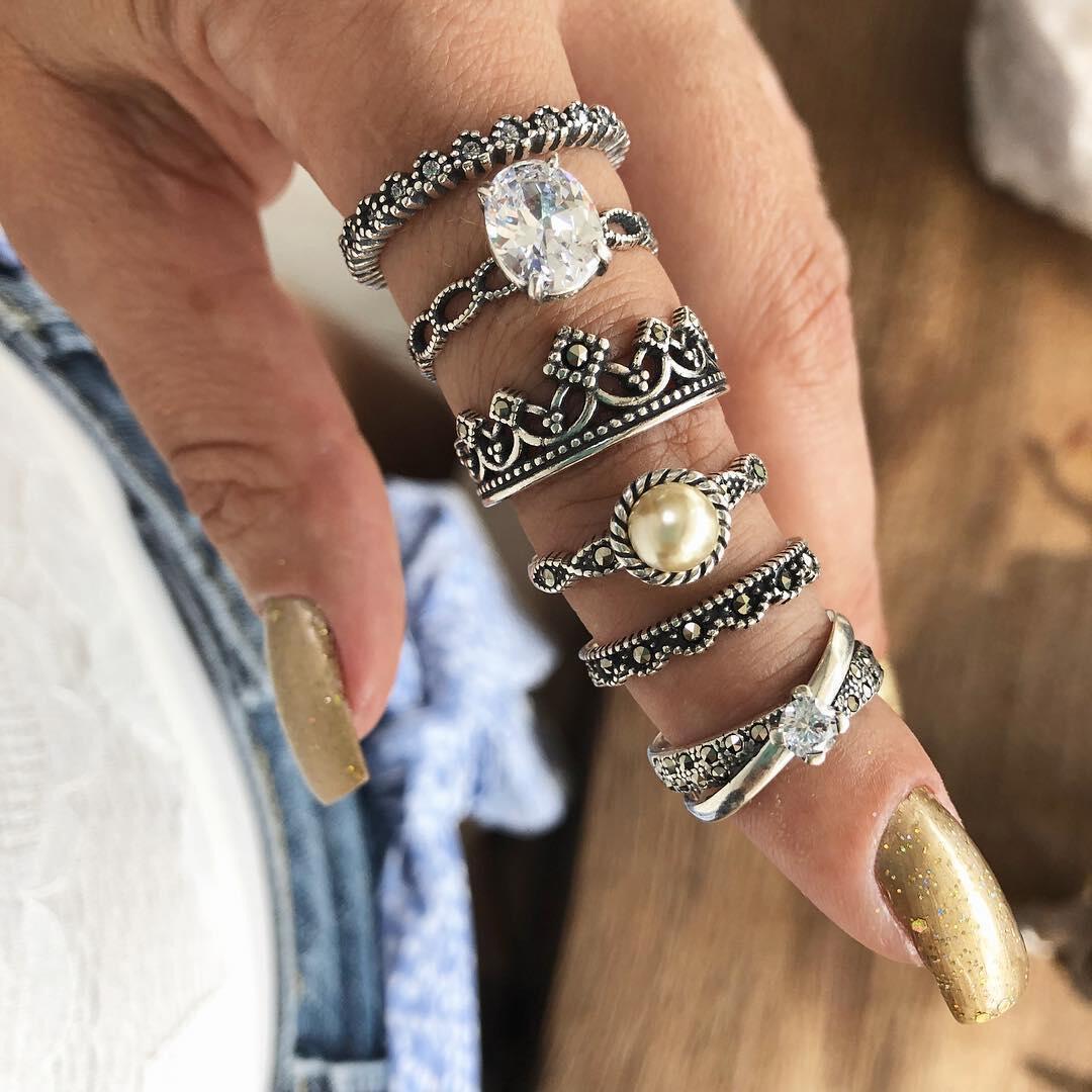 

Аксессуары, Винтажный набор колец с цирконовыми камнями, 6- Piece Ring, Кольцо с белым камнем