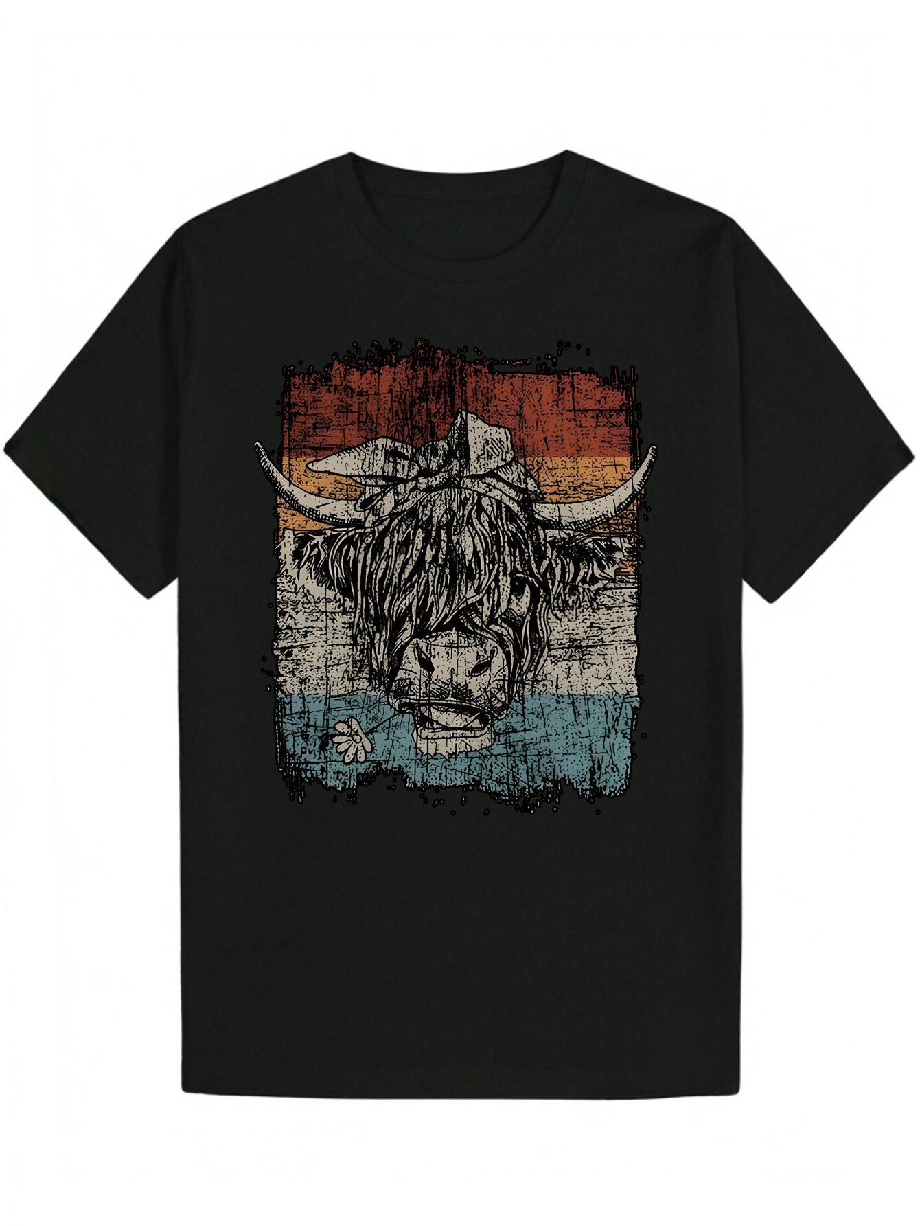 Short Sleeve T-shirt - Black Highland Cow Animal Print with Colorful Stripes S
