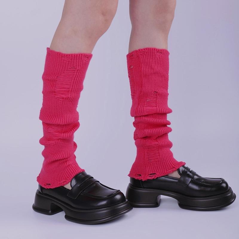 Japanese Punk Leg Warmers Women Solid Color Ribbed Knit Long Socks Y2K Distressed Ripped Boot Cuffs Leg Cover Streetwear