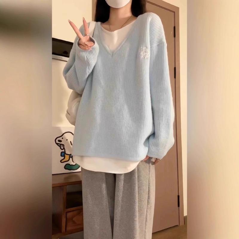 

Autumn and Winter Sweater Women s Korean Style Loose Lazy Style Soft Pullover Sweater Top Onesize синий