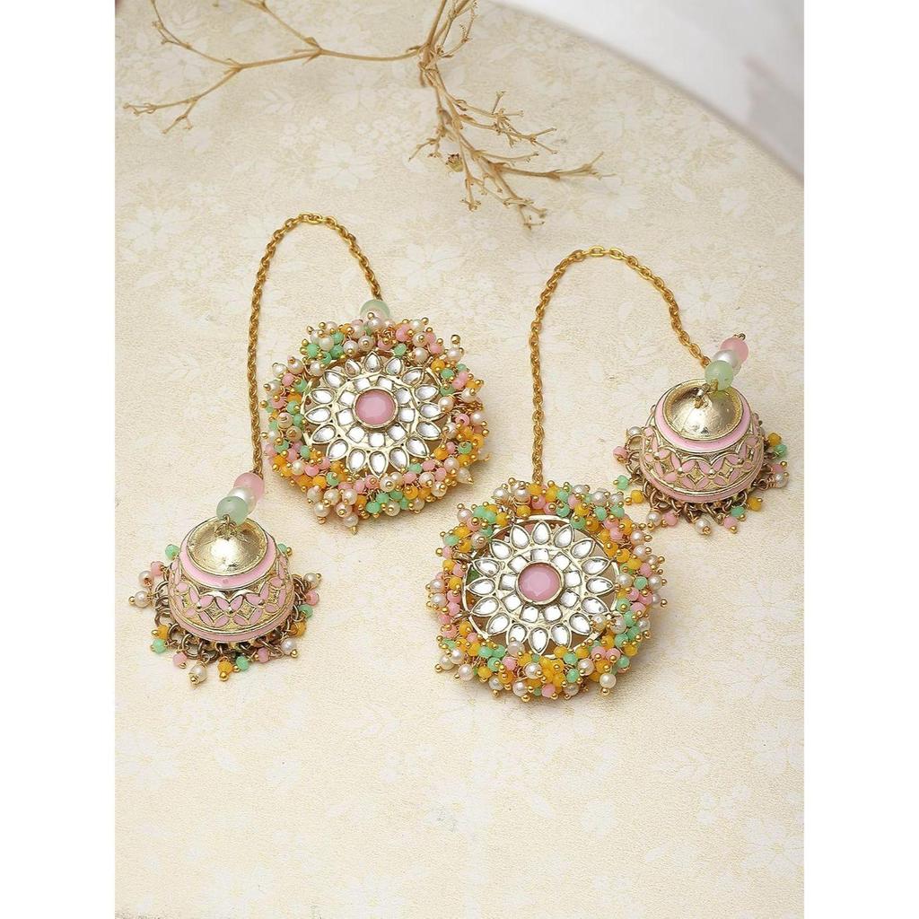 Multicolor Crystal Studded Kundan Kaanchain Jhumki Earrings