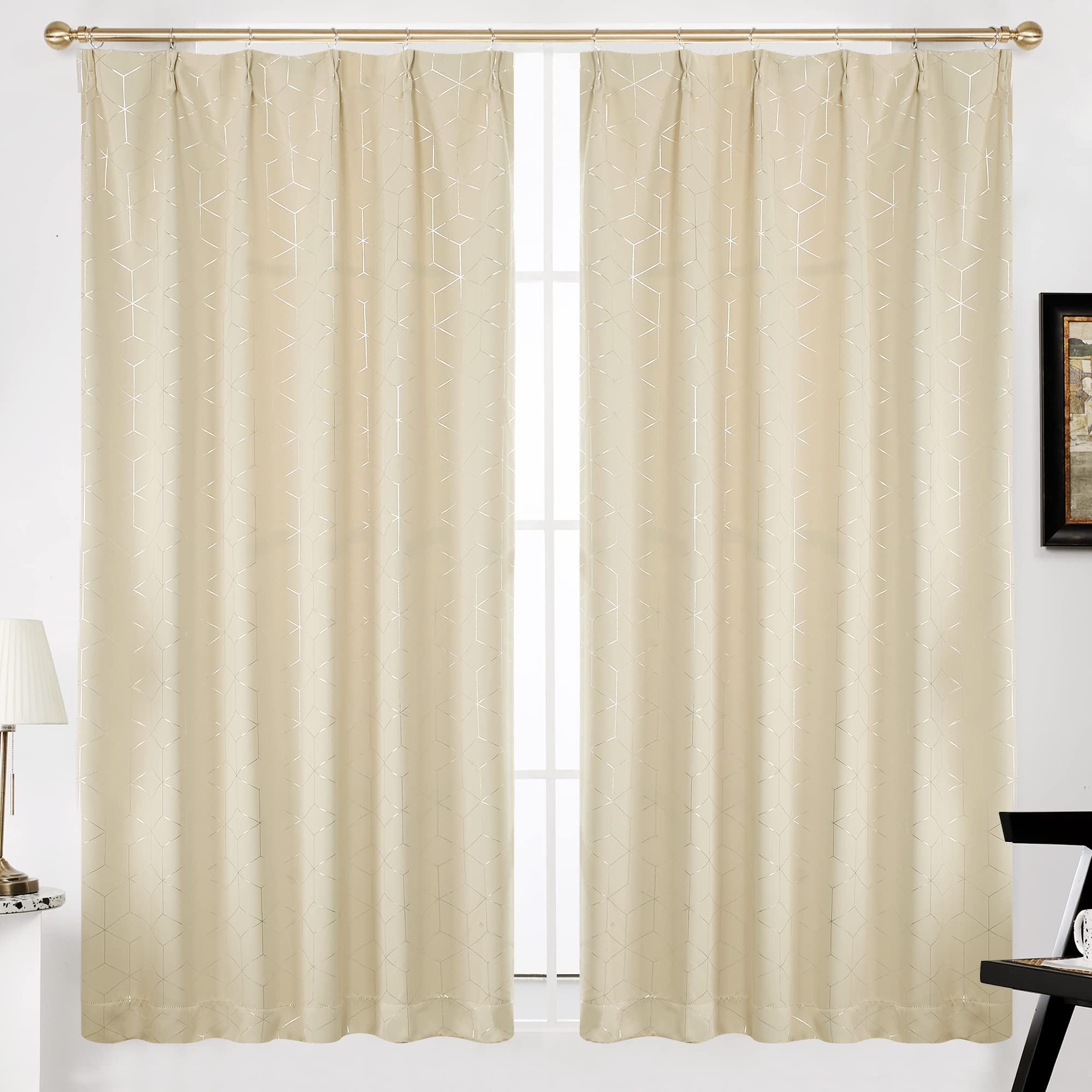 

Deconovo Blackout 100cm Wide x 200cm Light Beige with Silver Foil Print and Diamond Day and Night Set of 2 Drapes, Long, Pattern, Heat-Insulating,