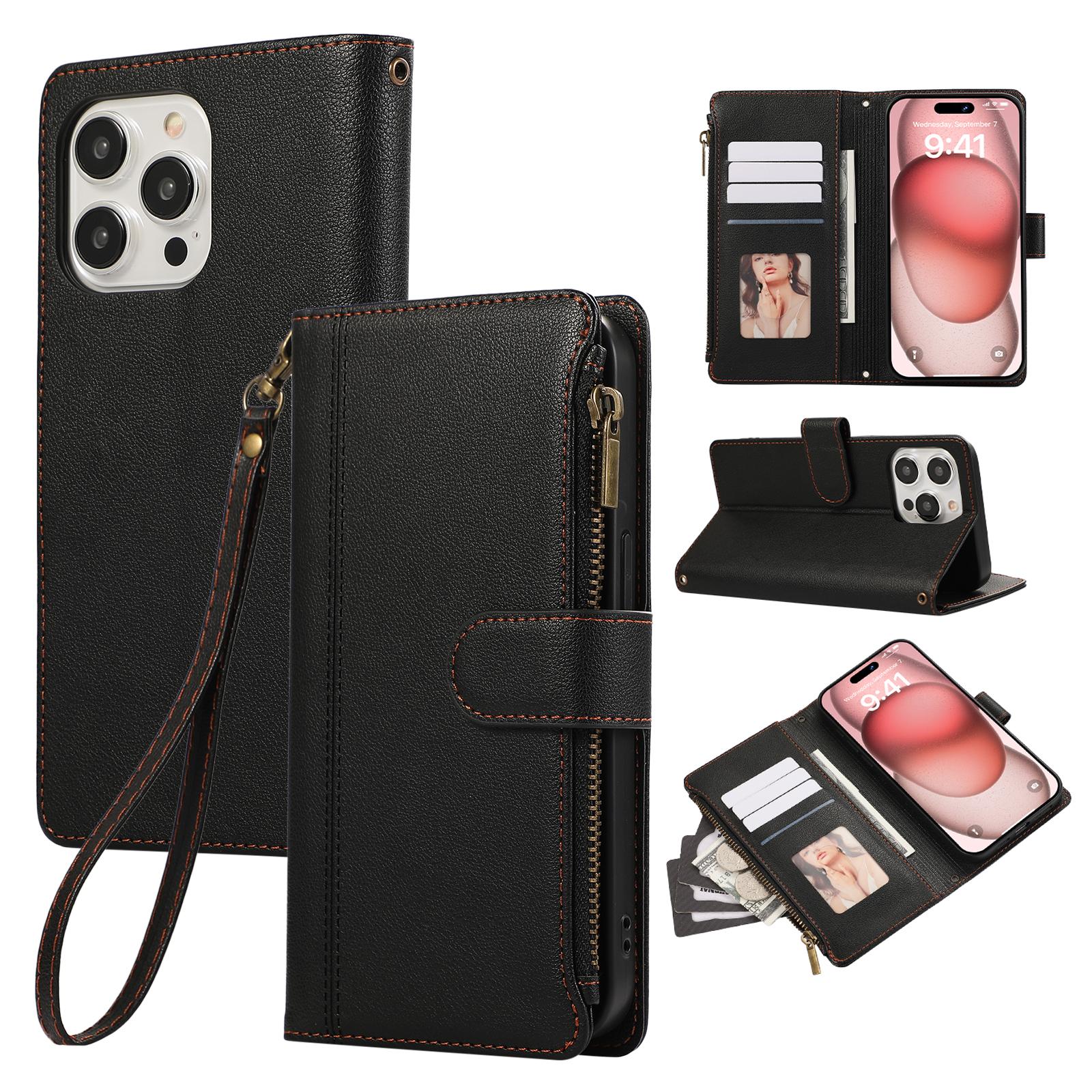 

For iPhone 15 Pro Max Case Multi Card Slots Zipper Leather Phone Cover with Wrist Strap D
