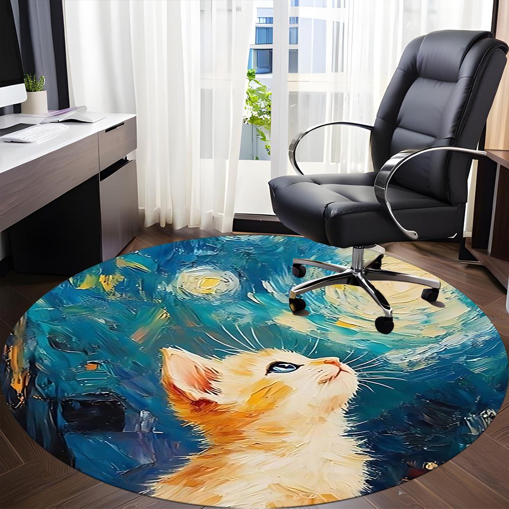 1pc Cat Night Office Round Area Rug, Mat Suitable For Office, Under Office Chairs Bedroom Living Room Home Decor, Room Deco