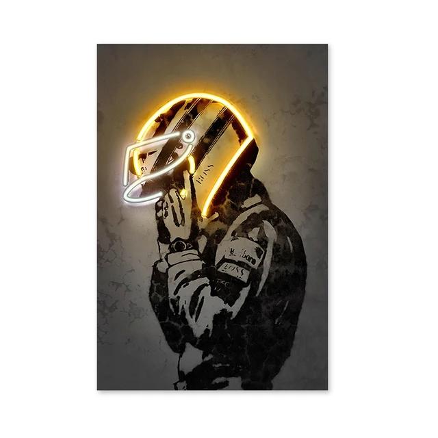 Retro Neon Light Effect Motorcycle Helmet Poster Print Canvas Painting Graffiti Art Wall Picture for Bar Room Home Decor NO LED