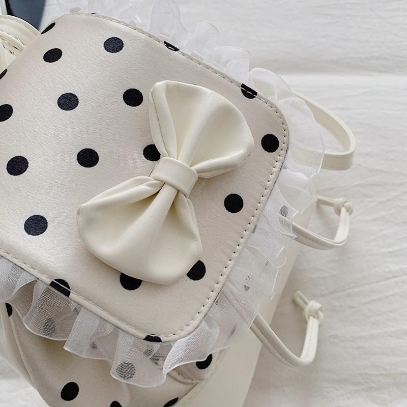 Fashion Sweet Girls Polka Dot Backpack Cute Bowknot Small Shoulder Rucksack Handbag Ruffled Lace Trim Crossbody Purse for Women