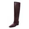 Womens Pointed Toe Knee High Boots Chunky Mid Heel British Style Slim Fit Winter Fashion Leather