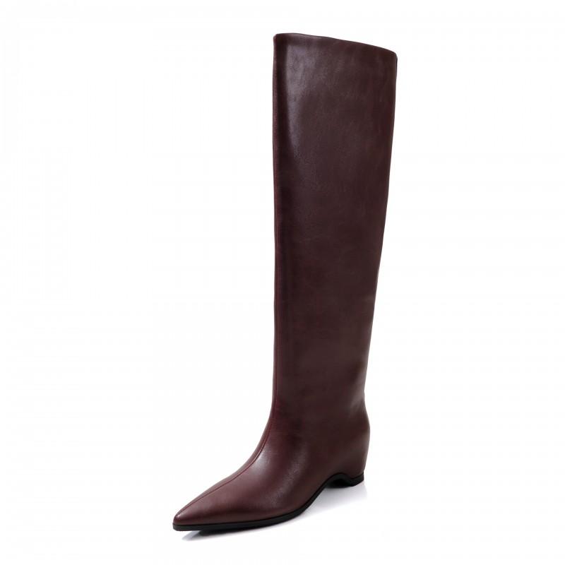 Womens Pointed Toe Knee High Boots Chunky Mid Heel British Style Slim Fit Winter Fashion Leather