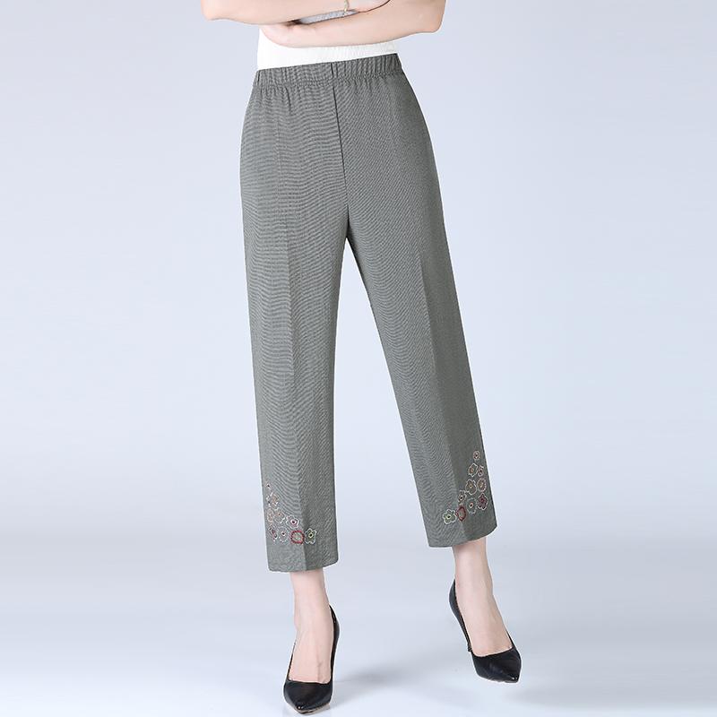 Plus Size Embroidered Women's Straight Leg Pants Summer High Waisted Breathable Women's Retro Korean Elastic Waist Pants
