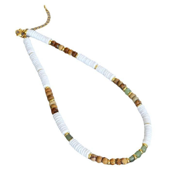 Niche Design Retro Literary Exaggeration White Shell Real Stone Splicing Beaded Holiday Style Necklace Female