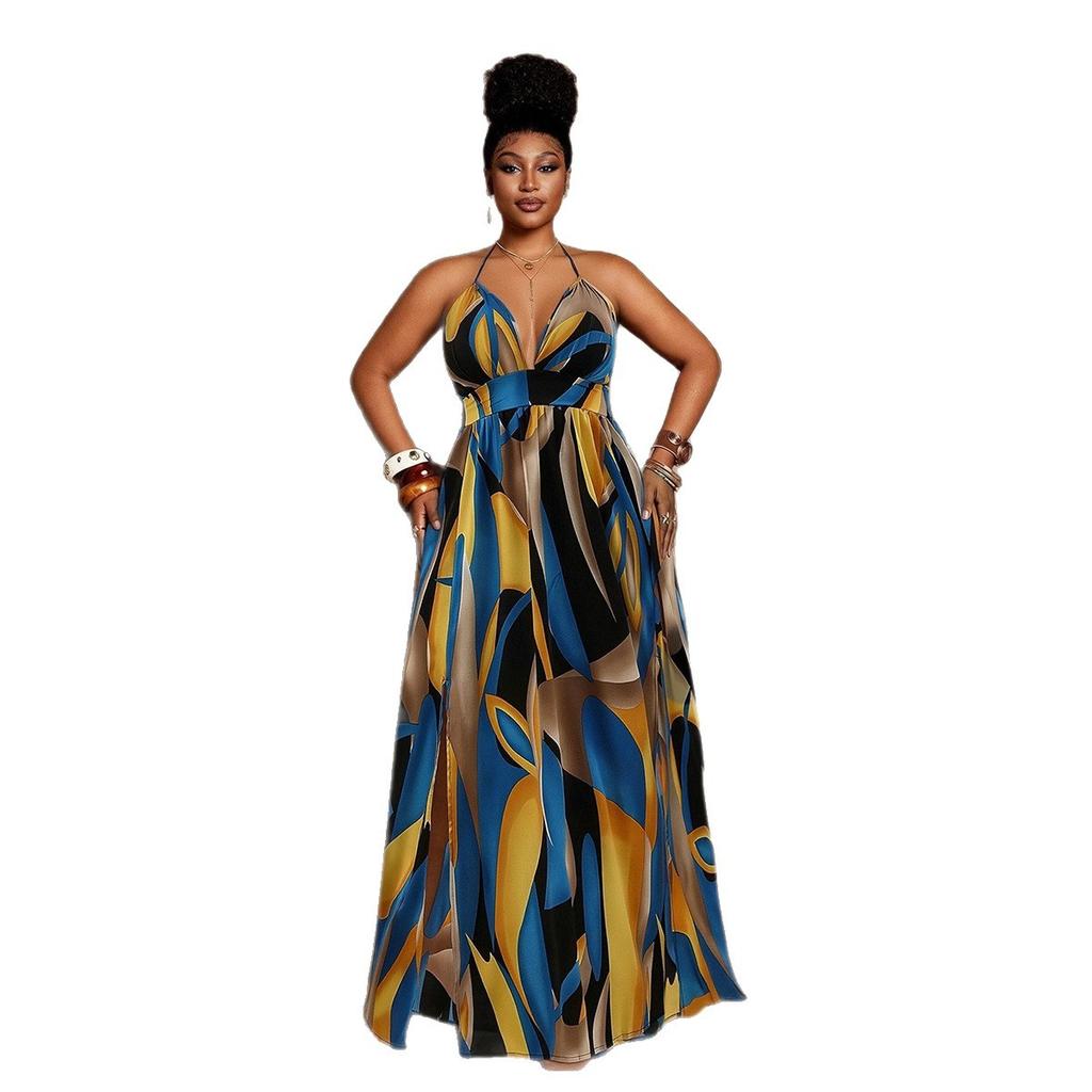 Contrasting-color Printed Halter Top Long Dress, Cinched At The Waist for A Slimming Effect, Wide Slit with A Large Hem, Beach Vacation Sexy Dress