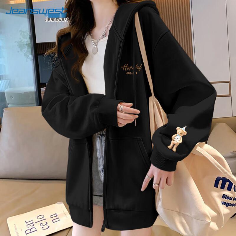 

Jeanswest Women s Hooded Bear Print Zip-Up Sweatshirt L