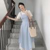 French Light Blue Dress Set Women's Summer New Waist Pinched Irregular Long Dress Beautiful Strap Skirt