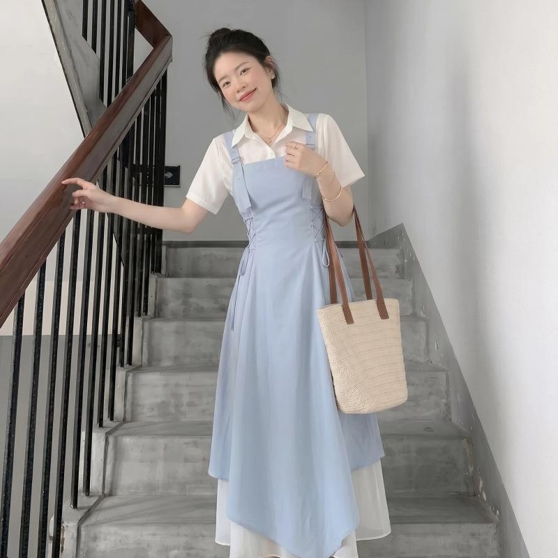 French Light Blue Dress Set Women's Summer New Waist Pinched Irregular Long Dress Beautiful Strap Skirt