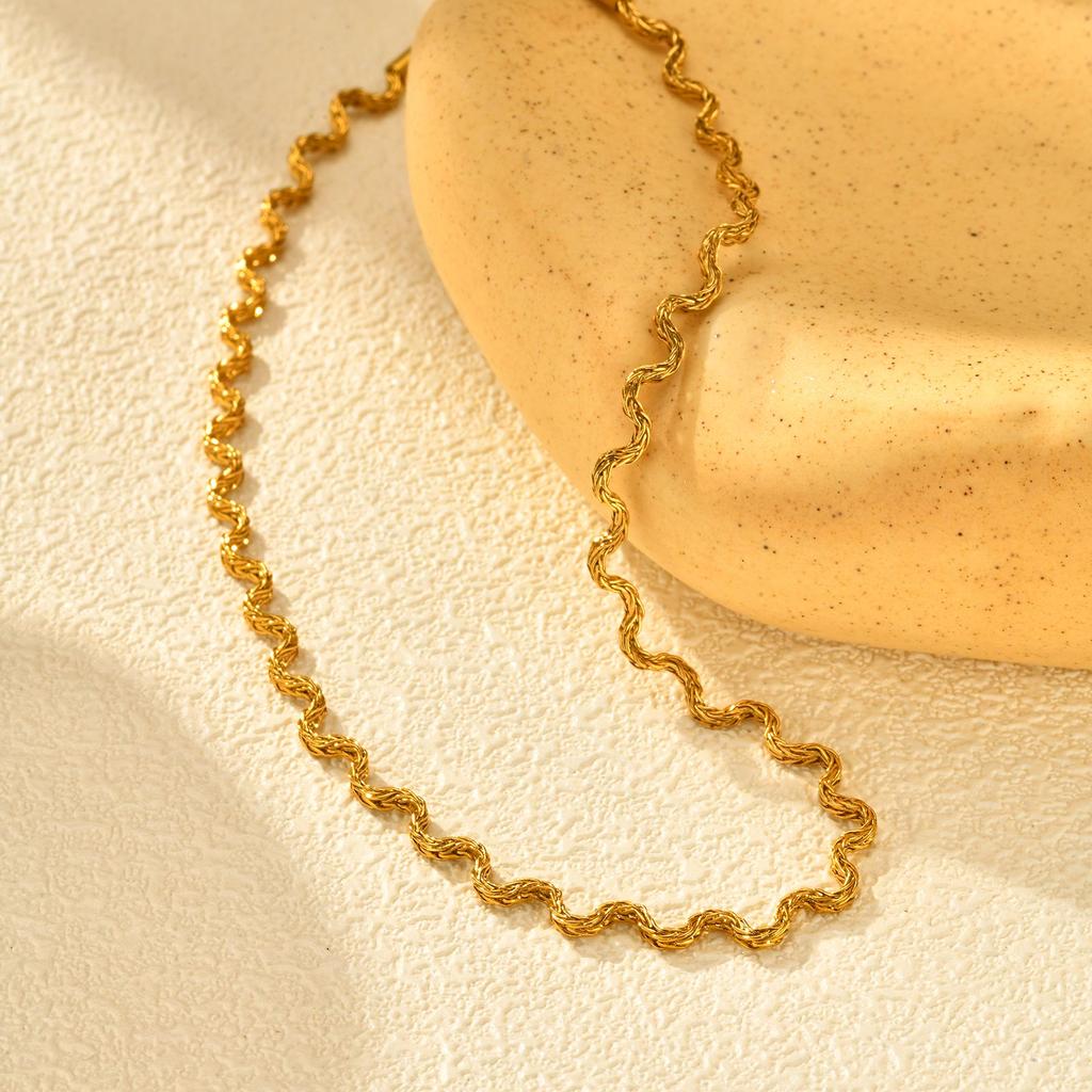 Stainless Steel Chic Wave Chain Necklace for Women, High Quality Gold Plated Choker Necklace, Fashion Waterproof Jewelry Gift