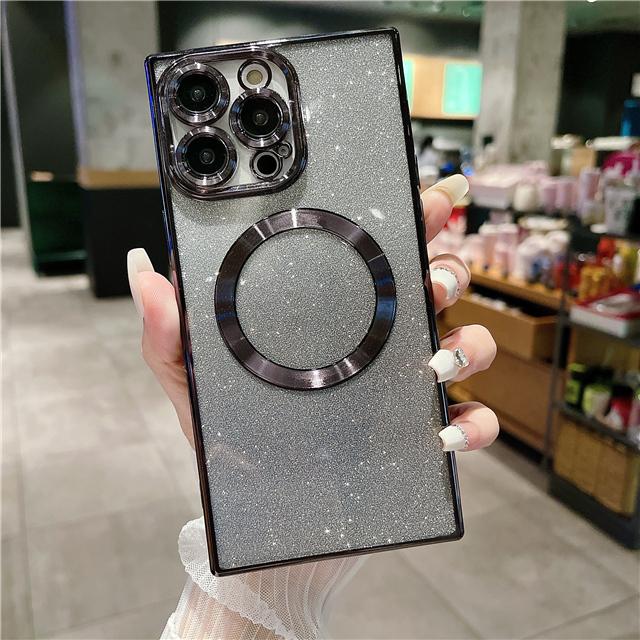 For iPhone 15 Pro Max Luxury Plating Magsafe Magnetic Frame Glitter Phone Case For iPhone 11 12 13 14 15 16Plus Protective Cover