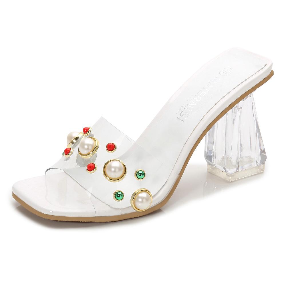 

New square head thick heel women s sandals flat heel transparent large size rhinestone high heels elegant light street 35 белый
