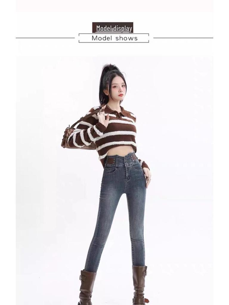 2026 Retro High-Waisted Slimming Skinny Jeans for Women - Elastic Pencil Pants for Autumn/Winter