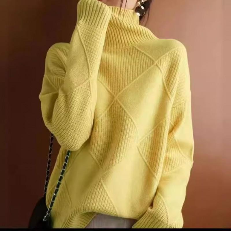Womens High Neck Knit Sweater Solid Color Rhombus Warm Thick Long Sleeve Pullover