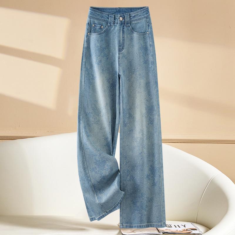 

Light Narrow-Leg Wide-Leg Women s Jeans, Spring/Autumn 2026, High-Waisted, Loose Fit, Rhinestones, Casual Straight-Leg Long Pants XXXL светло-синий