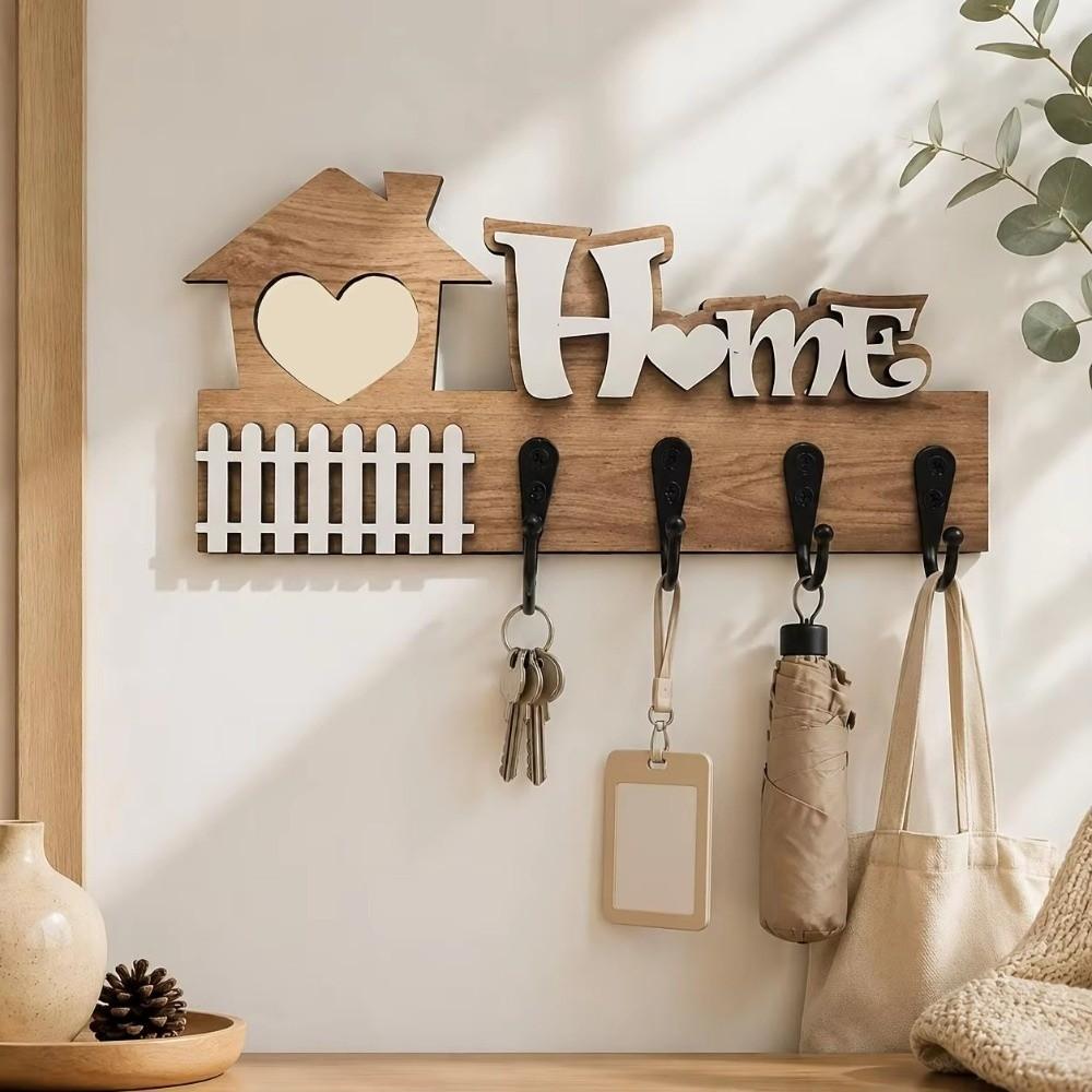 Vintage Wooden Key Hook 4 Hooks Key and Accessory Hanger Wall Storage Rack Entrance Decoration