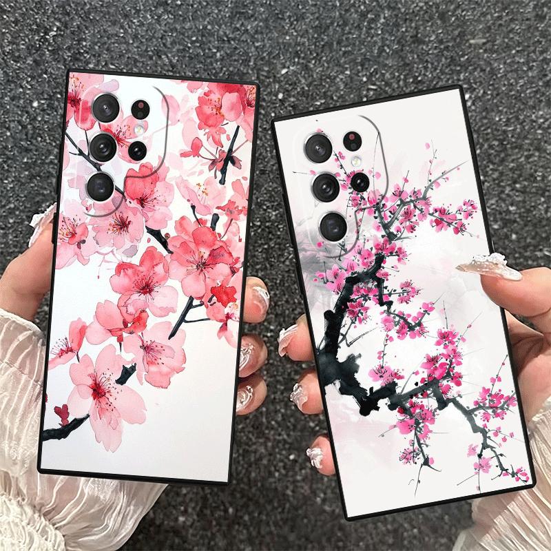 Cherry Blossom Sakura Fashion Soft Phone Case for Samsung Galaxy S26 S25 Edge S24 Ultra S23 Plus S22 S21 FE S20 Black Cover Back