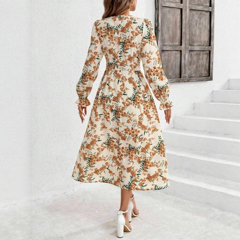 European and American Women's New Autumn and Winter Flower Print Cardigan V-neck Long-sleeved Dress