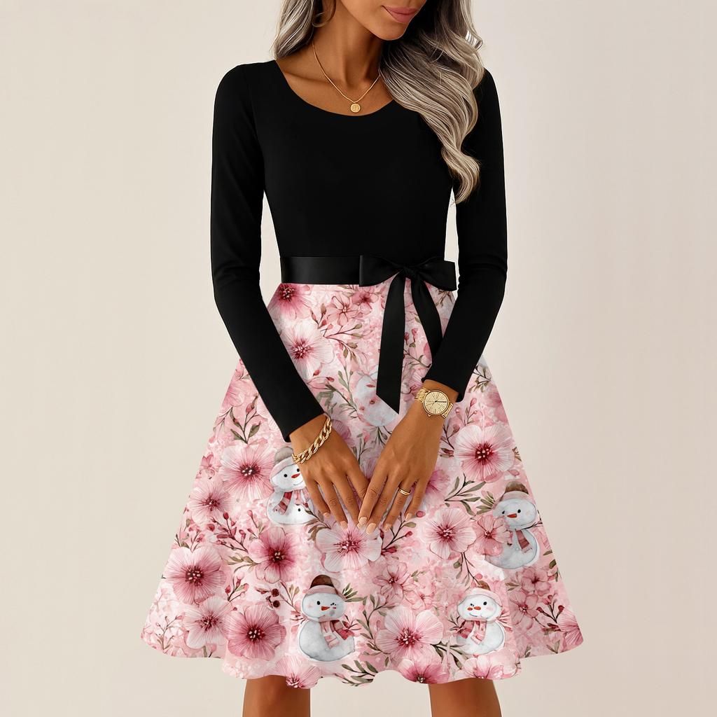 Women's Casual Fashion Round Neck Long Sleeve Christmas Printed Party Vintage Long Dresses