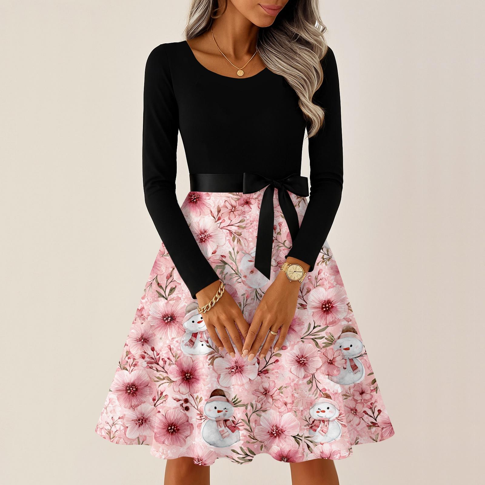 

Женские повседневные модные платья с круглым вырезом, длинным рукавом, рождественским принтом, для вечеринки, винтажные длинные платья XXL розовый