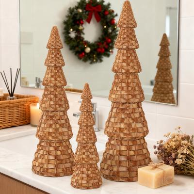 Rotin Résine Noël Rotin Style Arbre de Noël de Table Cône Figurines d'Arbre Naturel pour Vacances d'Hiver