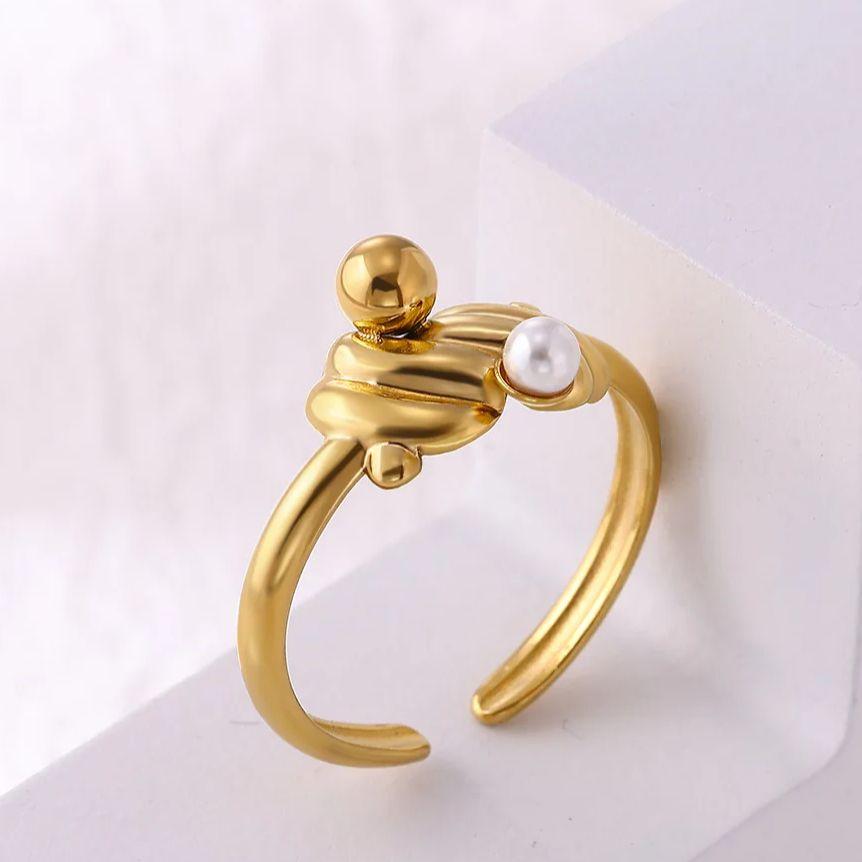 Stainless Steel Pearl Joint Ring for Women18K Gold Plated Minimalist Geometric Adjustable Finger Ring Wedding Christmas Jewelry